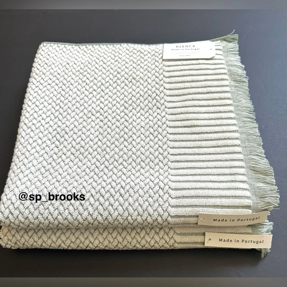 🎁6PC BIANCA Bath Towel Set - Cotton Textured Woven & Terry - Green & Cream